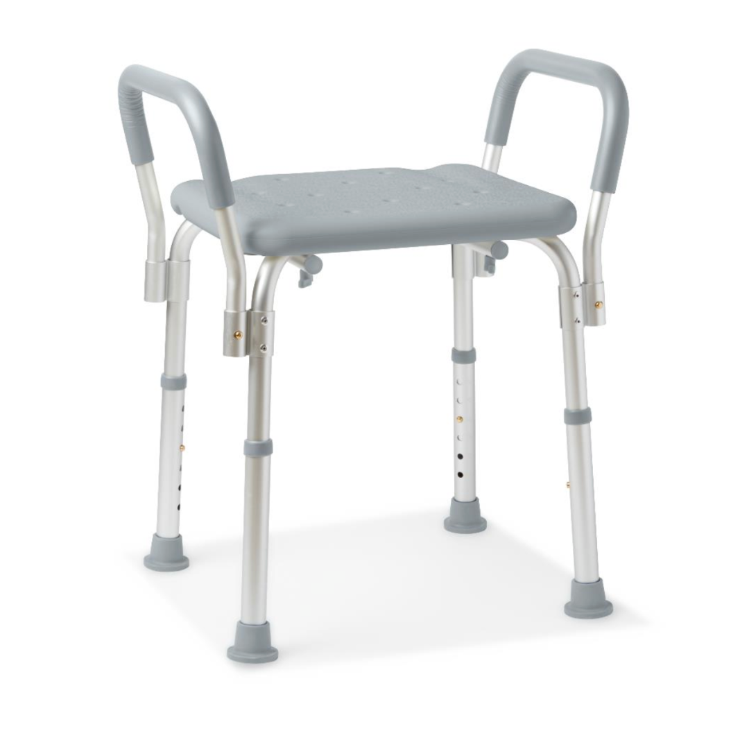 The Medline Knockdown Portable Shower Chair offers a grey plastic seat with adjustable height, sturdy aluminum legs with non-slip rubber tips, and padded armrests for enhanced stability and safety.